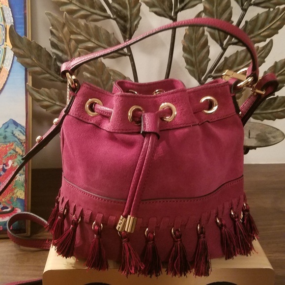 Milly Handbags - MILLY BURGUNDY TASSEL FRINGE MINI SUEDE BUCKET BAG